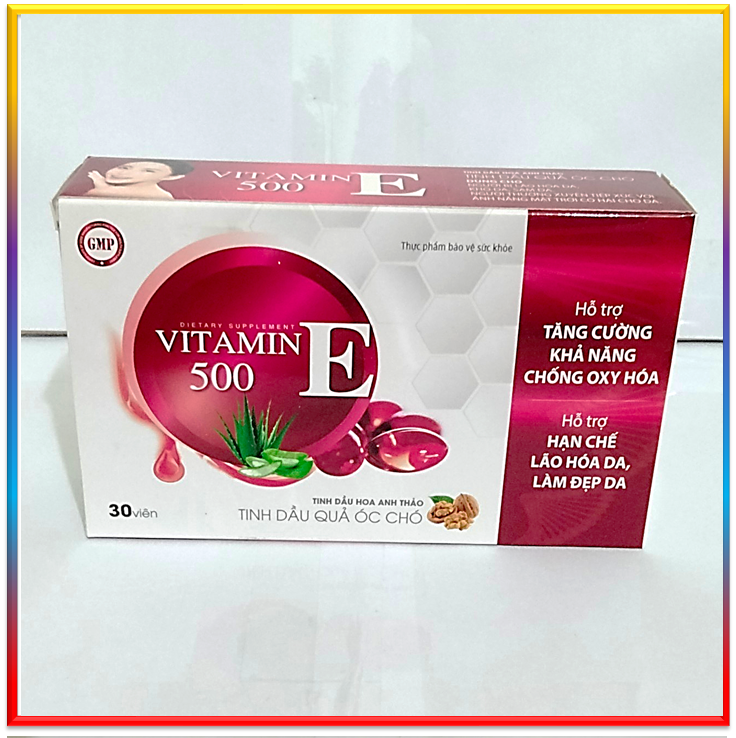 Viên uống đẹp da vitamin E 500 ĐỎ- Thành Phần Tinh Dầu Quả Óc Chó, Hoa Anh Thảo Giúp Đẹp Da, Mờ Nám, Cân Bằng Nội Tiết Tố- hộp 30 viên