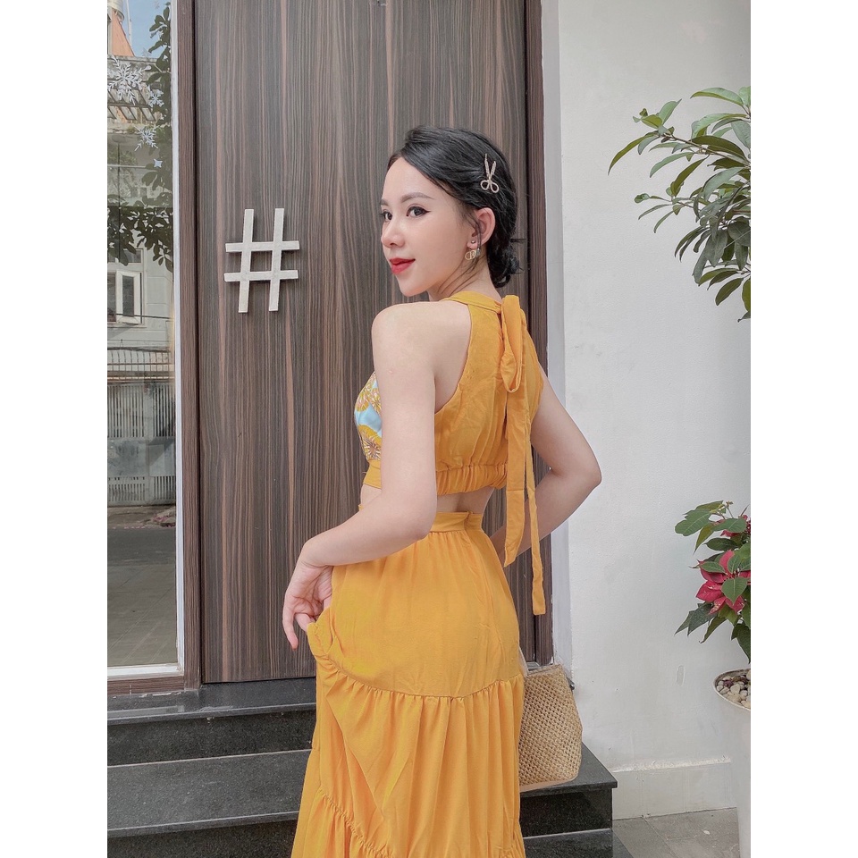 Đầm maxi đi biển phối thổ cẩm xoè