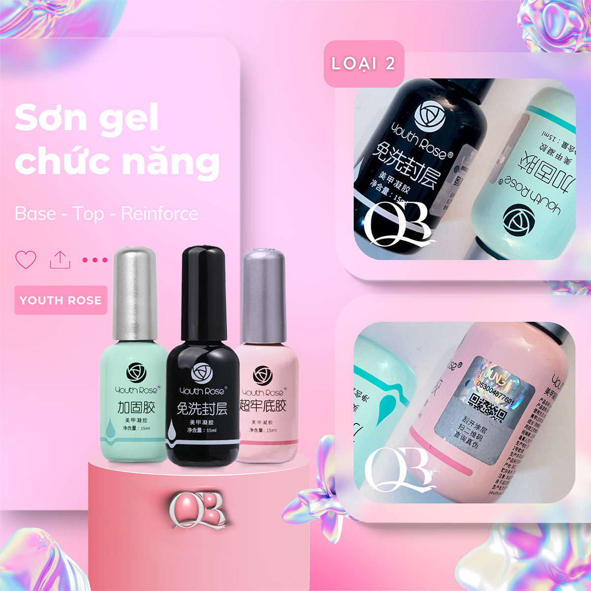 Base gel top gel cứng móng hoa hồng (Youth Rose)
