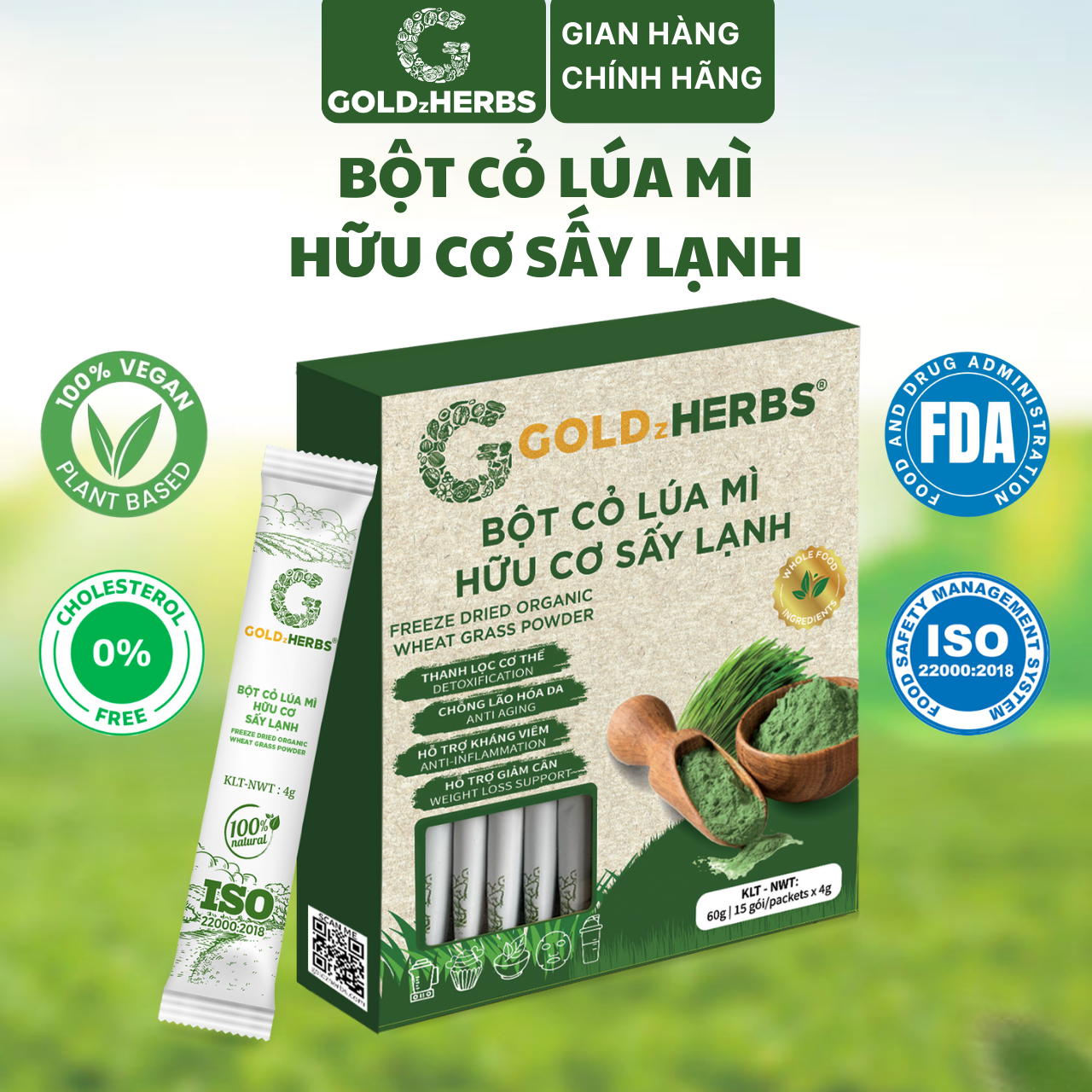 Bột cỏ lúa mì hữu cơ sấy lạnh GoldzHerbs, 100% nguyên chất - Hộp 15 gói x 4g