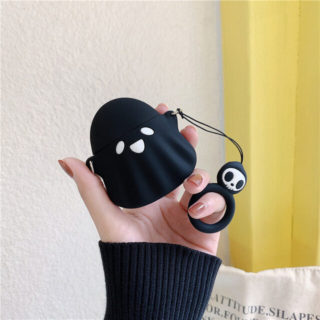 Stylish Cute 3D Ghost Silicone bluetooth Wireless Earphone Case For Apple AirPods 1 2 Protect Cover Skull Pattern Finger Ring