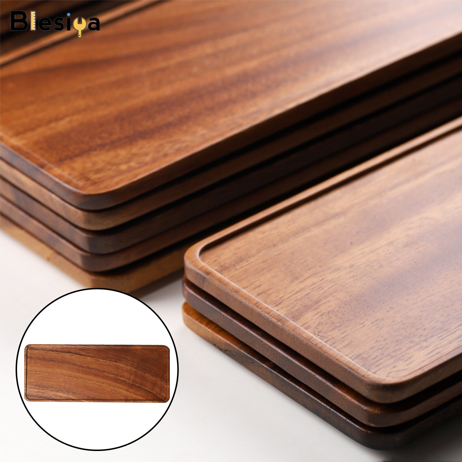 Blesiya Rectangular Wood Tea Tray Wooden Plate Coffee Sushi Snacks Serving Plate