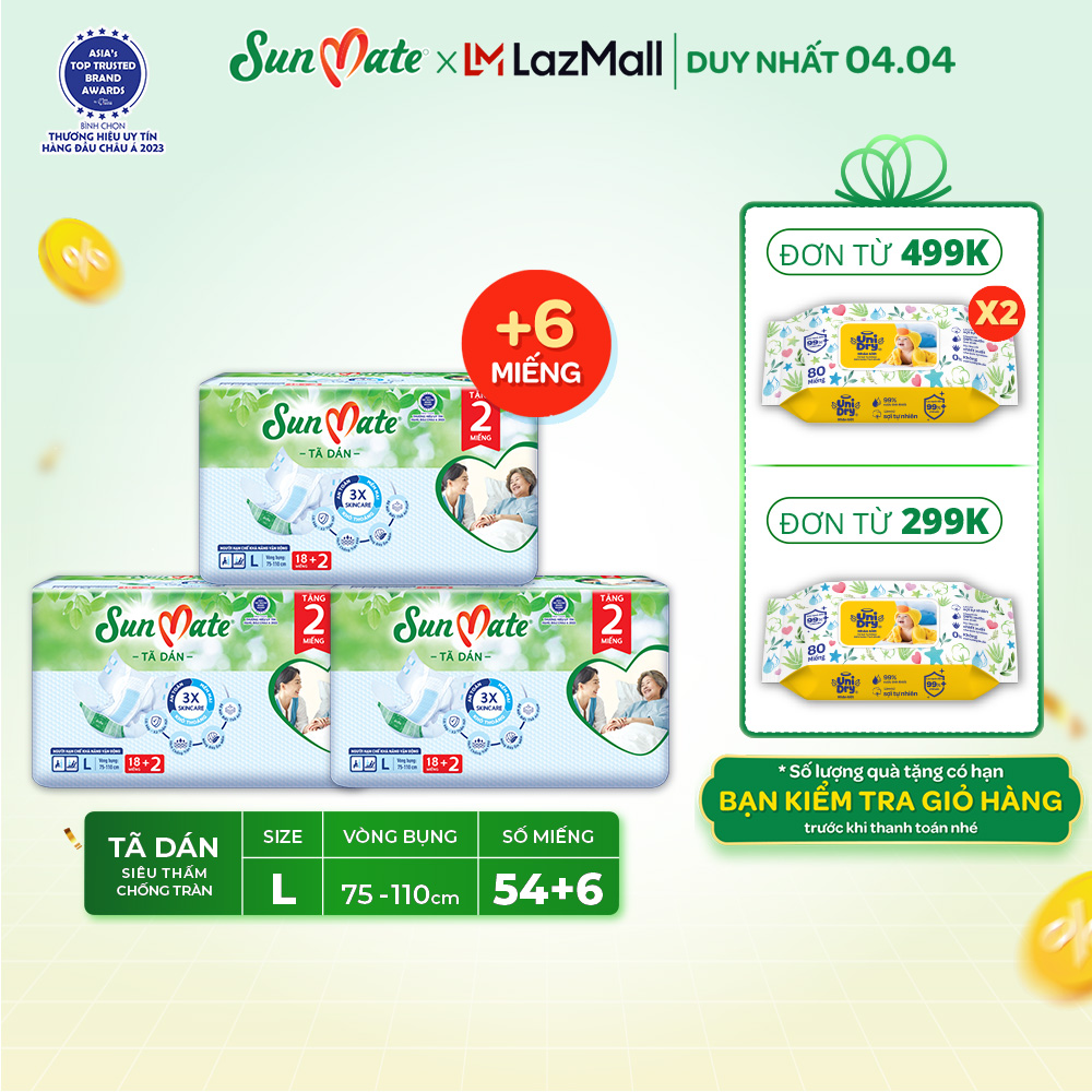 Combo 3 Tã dán người lớn SunMate size M18/L18/XL18 + 2 miếng