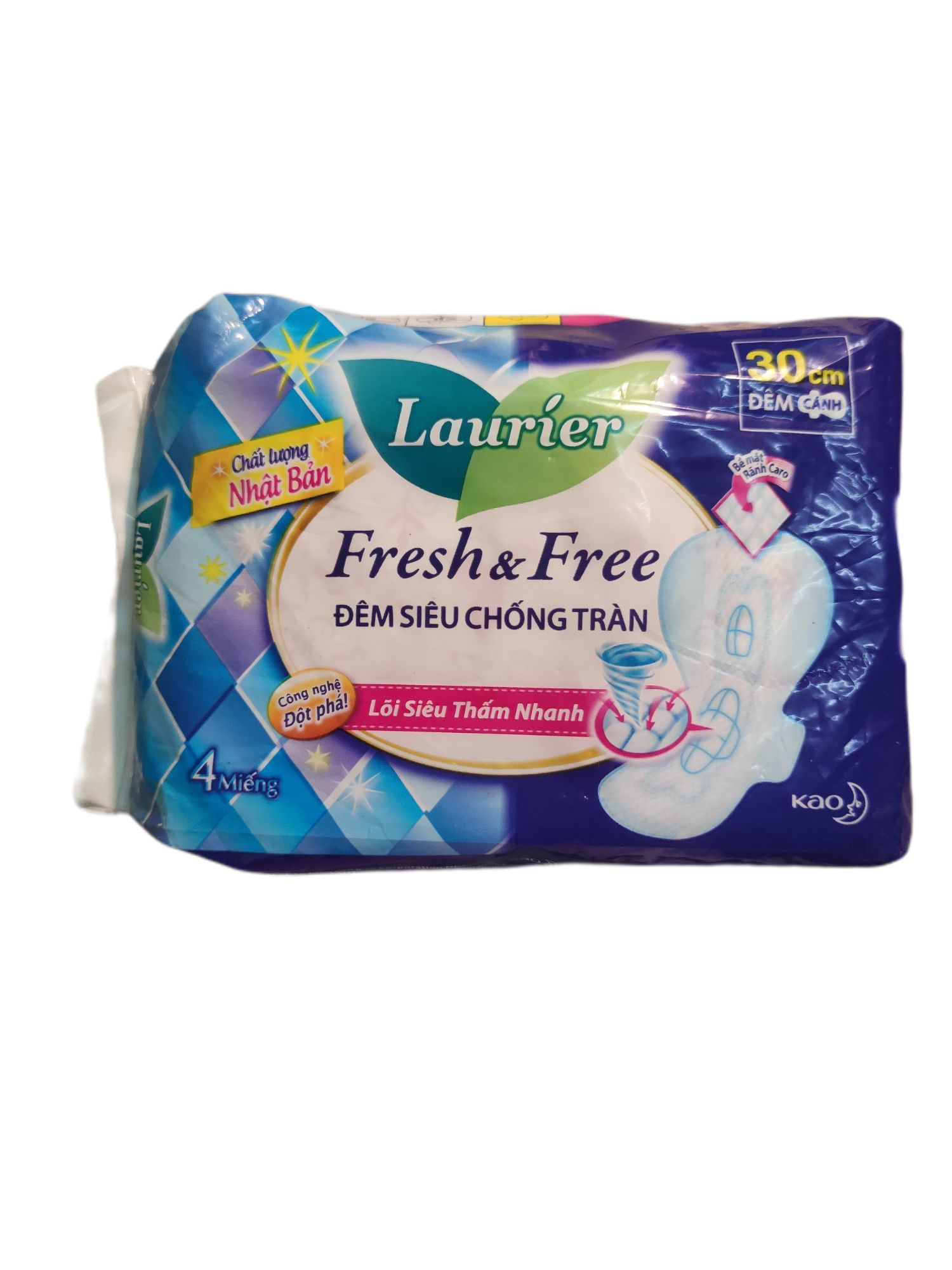 Băng vệ sinh ban đêm Laurier Fresh & Free có cánh 30cm 4 miếng