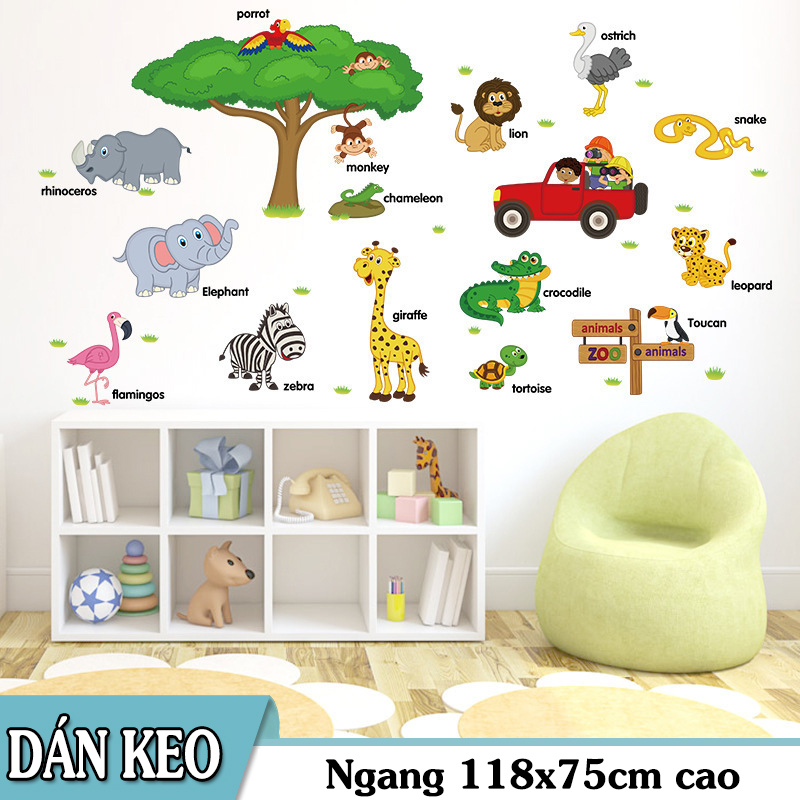 [HCM]Decal trang trí tường - Thú Tiếng anh cây lớn