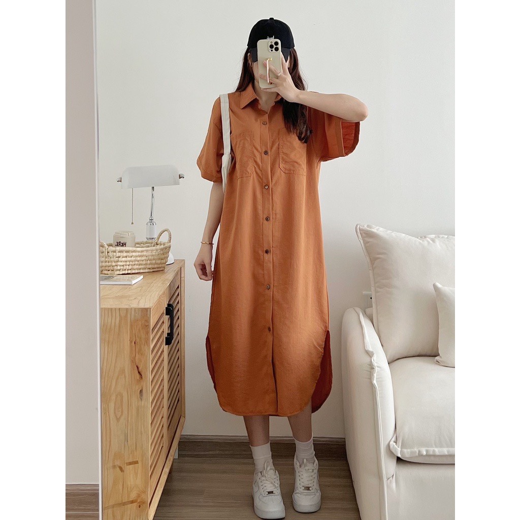 XẢ HÀNG Váy suông viền chỉ nổi thời trang nữ, đầm sơ mi chất đũi xước mềm mát 40-70kg - g8_shop
