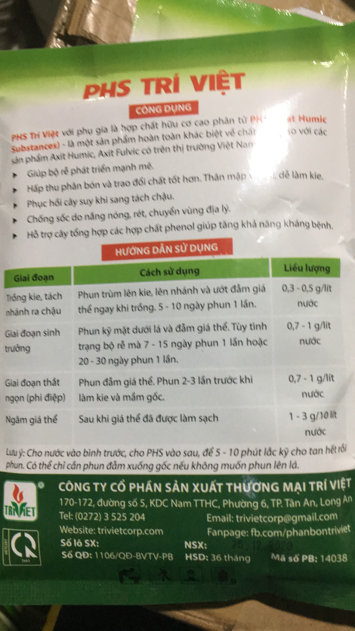 Phân bón lá PHS Trí Việt gói 250gr