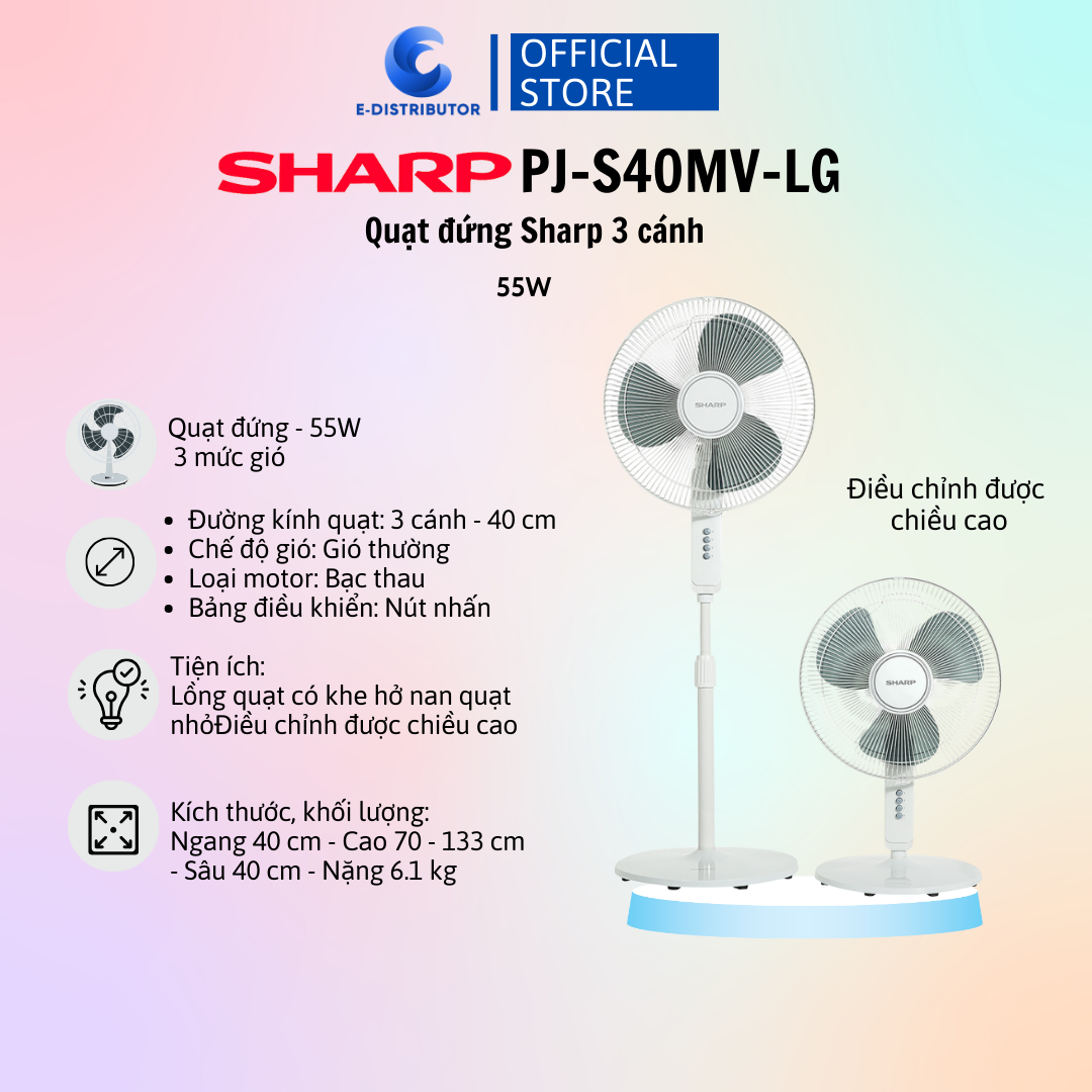 Quạt đứng sharp pj-s40mv-lg động cơ bạc thau sản xuất việt nam công suất 55w - hàng chính hãng - bảo hành 12 tháng