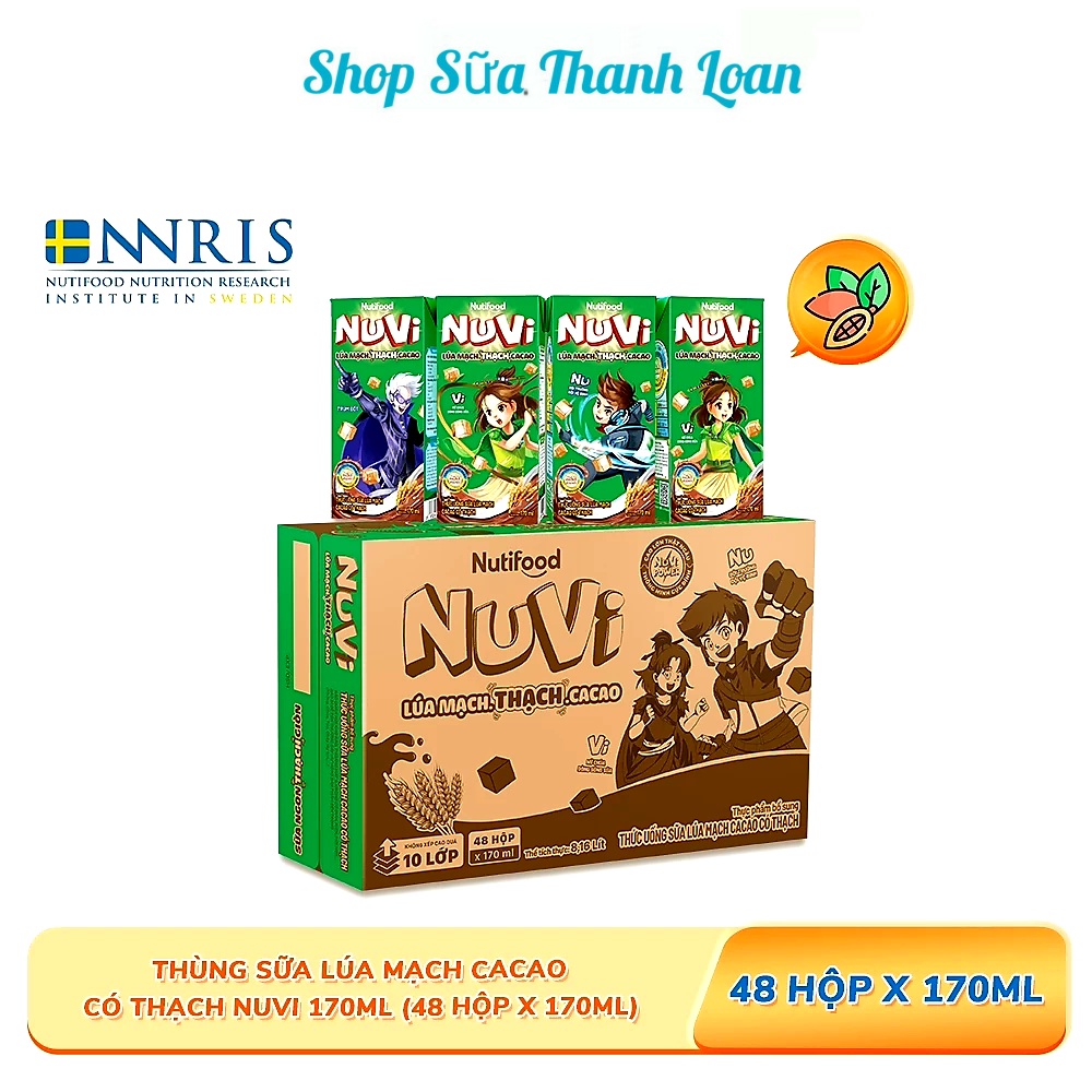 (HSD T6-2026) Thùng 48 Hộp NUVI Sữa Lúa Mạch Thạch Cacao 170ml.