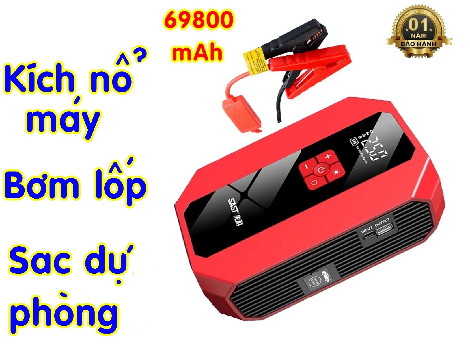 Bơm Lốp Oto&Bơm LốpXe Máy Bộ Bơm Lốp Kích Điện ÔTÔ SAST Tích Hợp Kích Bình Đề Nổ Ô Tô Dung Lượng Khủng 69800mA Dòng Điện Cực Đại 6000A Cứu Hộ Xe Hơi Kiêm Sạc Dự Phòng Đèn Led SOS Bảo Hành 12 Tháng