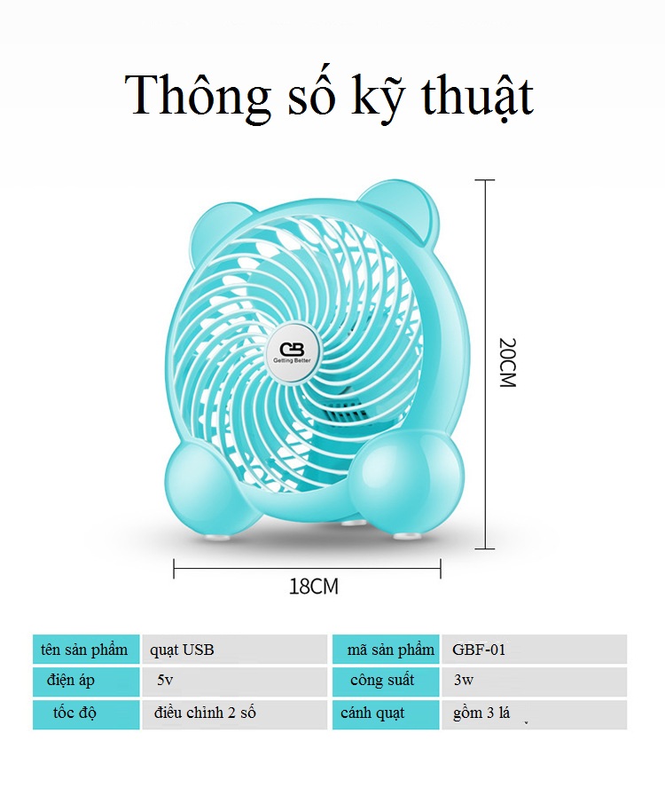 Quạt Mini Để Bàn Cực Mát Cổng Sạc USB GBF-01 - Chạy Cực Êm