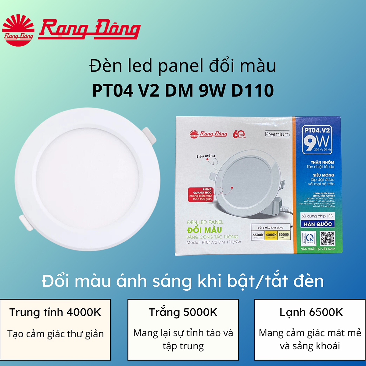 Đèn led panel tròn đổi màu pt04. v2 đm 9w lỗ khoét trần 110 mm rạng đông
