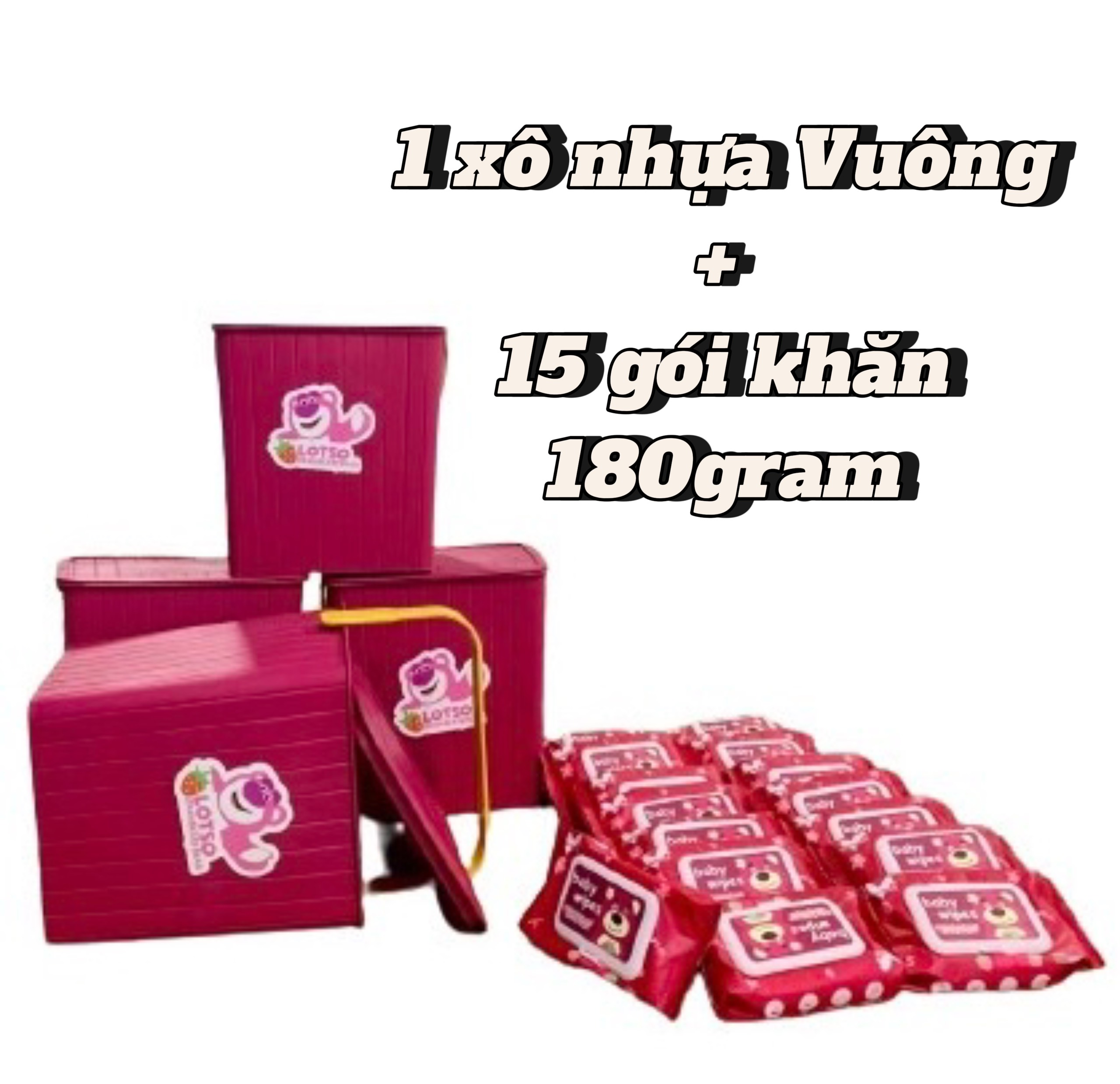 Combo 10 gói khăn giấy ướt tặng thùng đựng có nắp và quai xách, khăn ướt gấu dâu có thùng, khăn ướt kèm xô nhựa