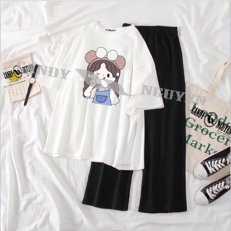 [Siêu Chất 20] Sét Bộ Đồ Quần Áo Thời Trang Nữ In 3D Hoạt Hình Ba Mèo Xinh Mặc Đi Chơi - Mặc Ở Nhà Xinh Dễ Thương Mix Quần Ống Rộng Thun Cát Phong Cách