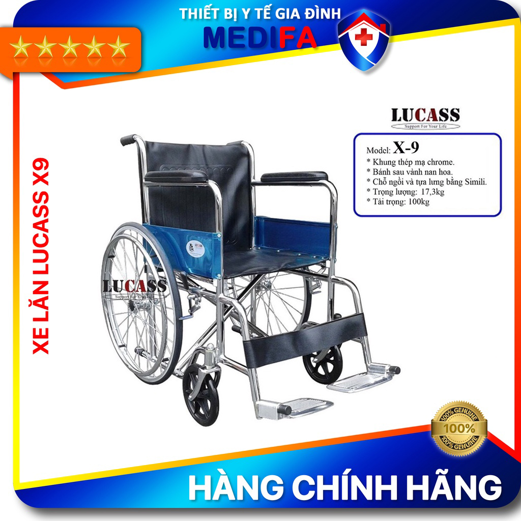 [Chính Hãng] Xe lăn Lucass X9 (Oromi ALK809-46), Xe Lăn Tay Vải Da Simili