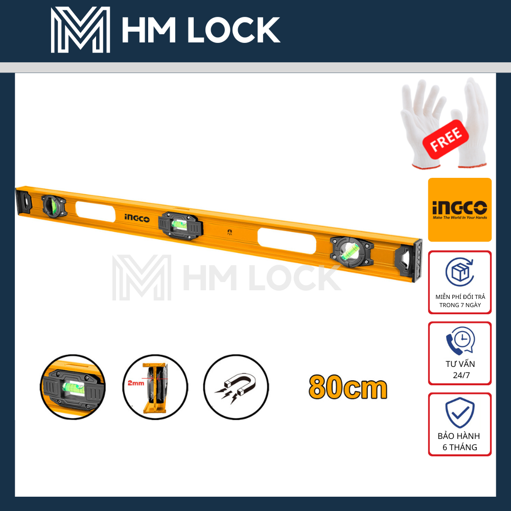 Thước thủy nhôm ingco 80, 100, 120cm - nhôm dày 2mm - hàng chính hãng - hm lock