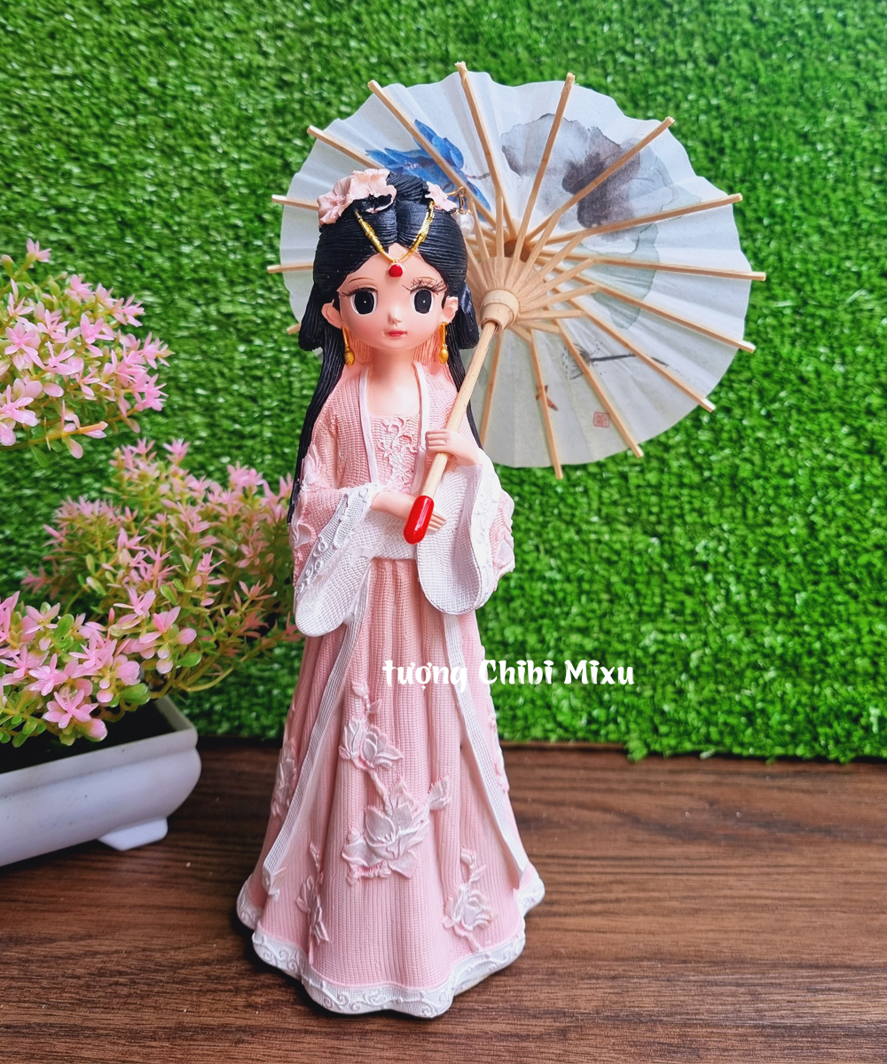 Tượng chibi thiếu nữ cổ trang che ô 3D sinh động 25cm