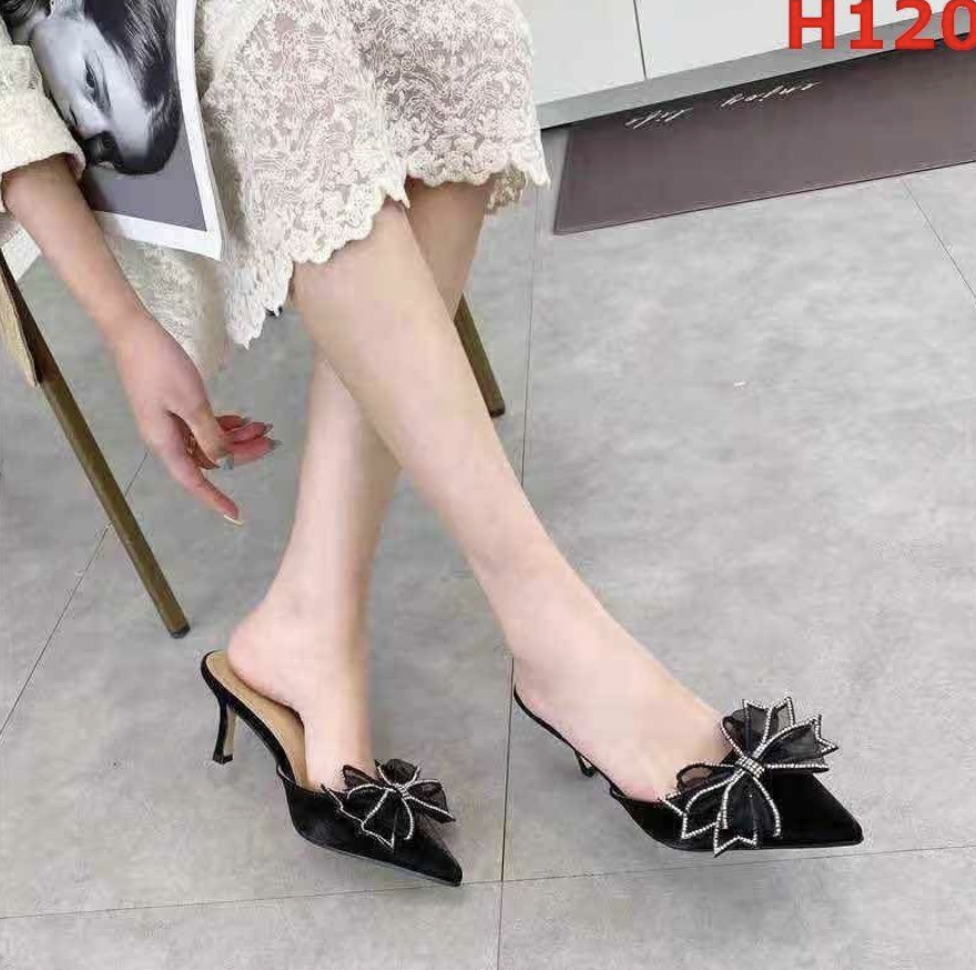 guốc cao gót mũi nhọn đính nơ cánh tiên 018 da lụa