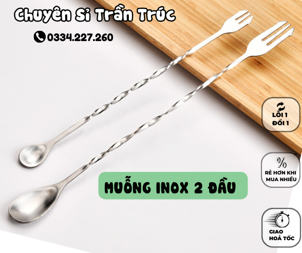 Thìa bar pha chế , thìa barspoon 2 đầu, muỗng khuấy 2 đầu inox 26cm và 32cm cao cấp