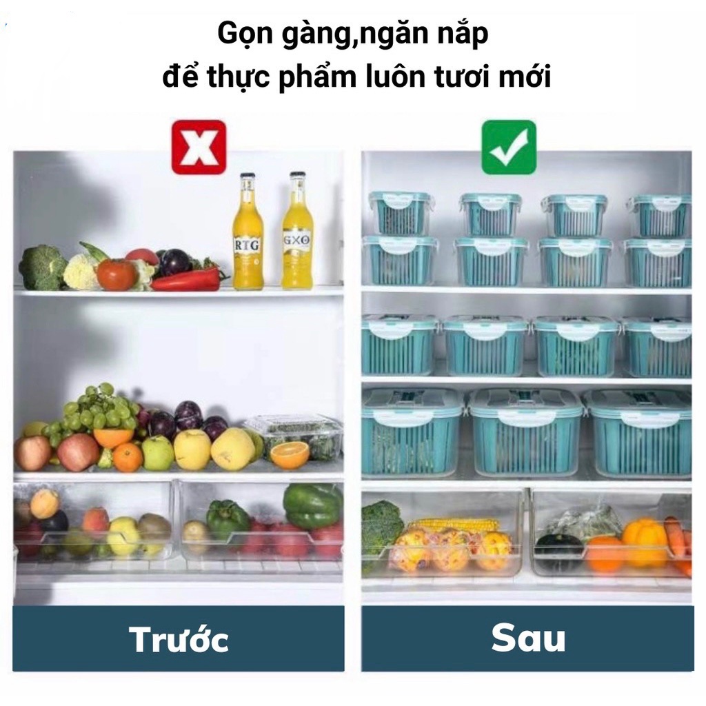 (CÓ VIDEO) Bộ 5 hộp đựng rau củ quả thực phẩm kèm rổ và nắp đậy bảo quản trong tủ lạnh loại tốt