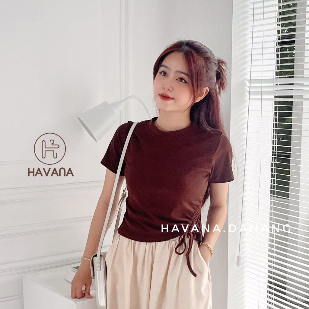 Áo thun cổ tròn rút dây chéo một bên, áo kiểu dây rút HE266