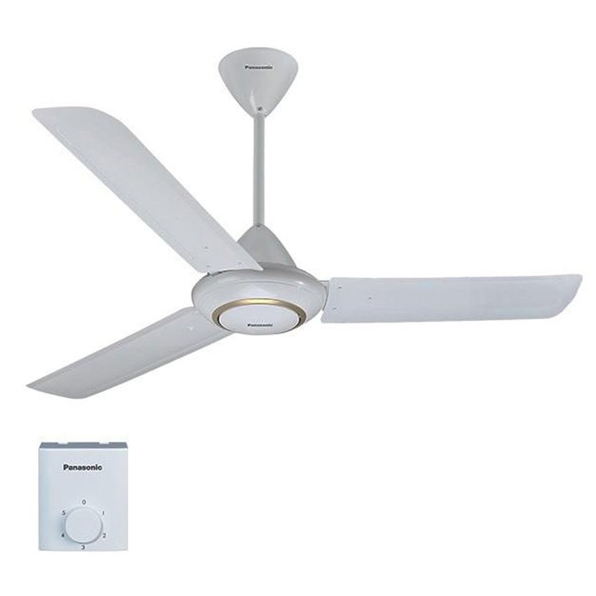 Quạt trần Panasonic F-60MZ2 có thiết kế 3 cánh quạt, màu trắng trục motor màu trắng có viền vàng , điều khiển bằng hộp số