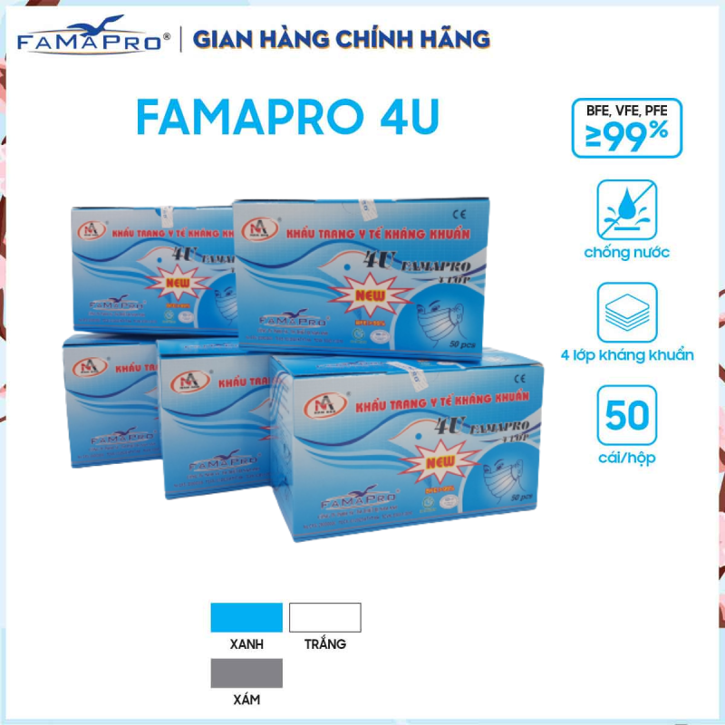 Combo 5 hộp khẩu trang y tế 4 lớp kháng khuẩn Famapro 4U (50 cái / Hộp)