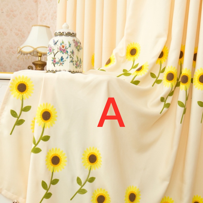 Blackout Curtain Drapes Living Room Embroidered Sunflower Transparent Voile Sheer Window Curtain for Bedroom