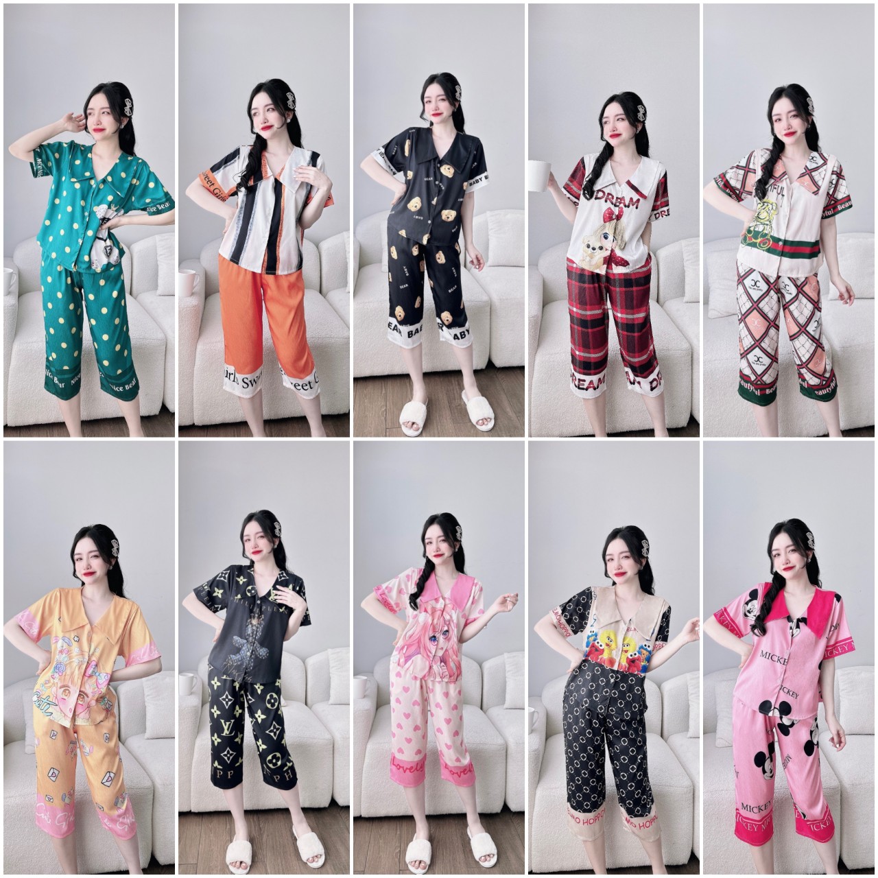 Bộ lụa tơ tằm xước mềm mịn phối cổ tiểu thư dễ thương
