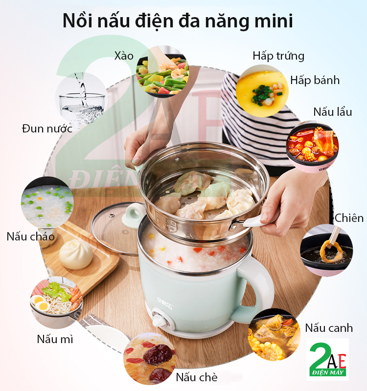 Nồi nấu điện đa năng mini 2L, kèm xửng hấp, đế cắm điện rời