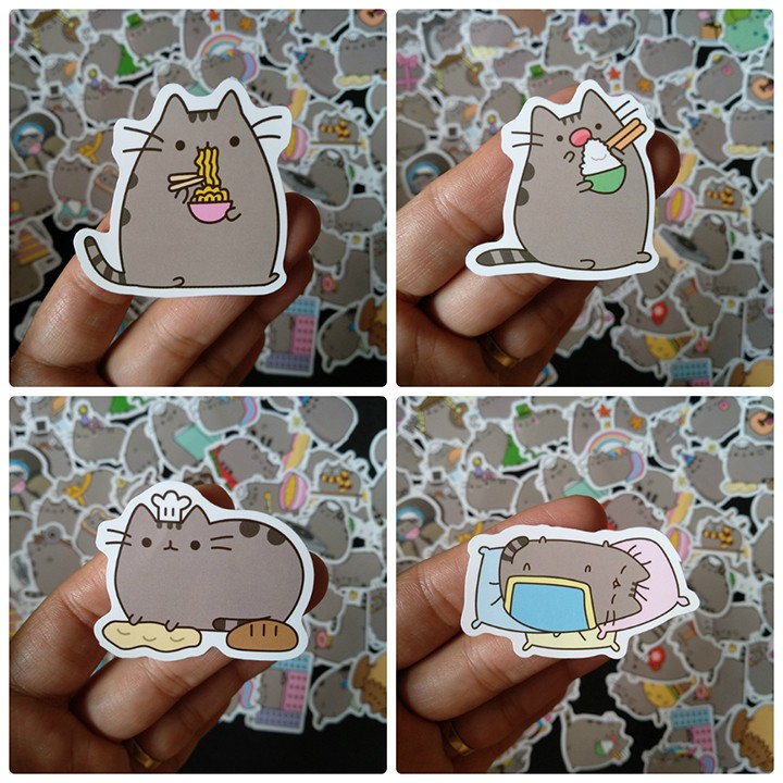 sticker mèo Pusheen set 30 đến 60 ảnh có ép lụa