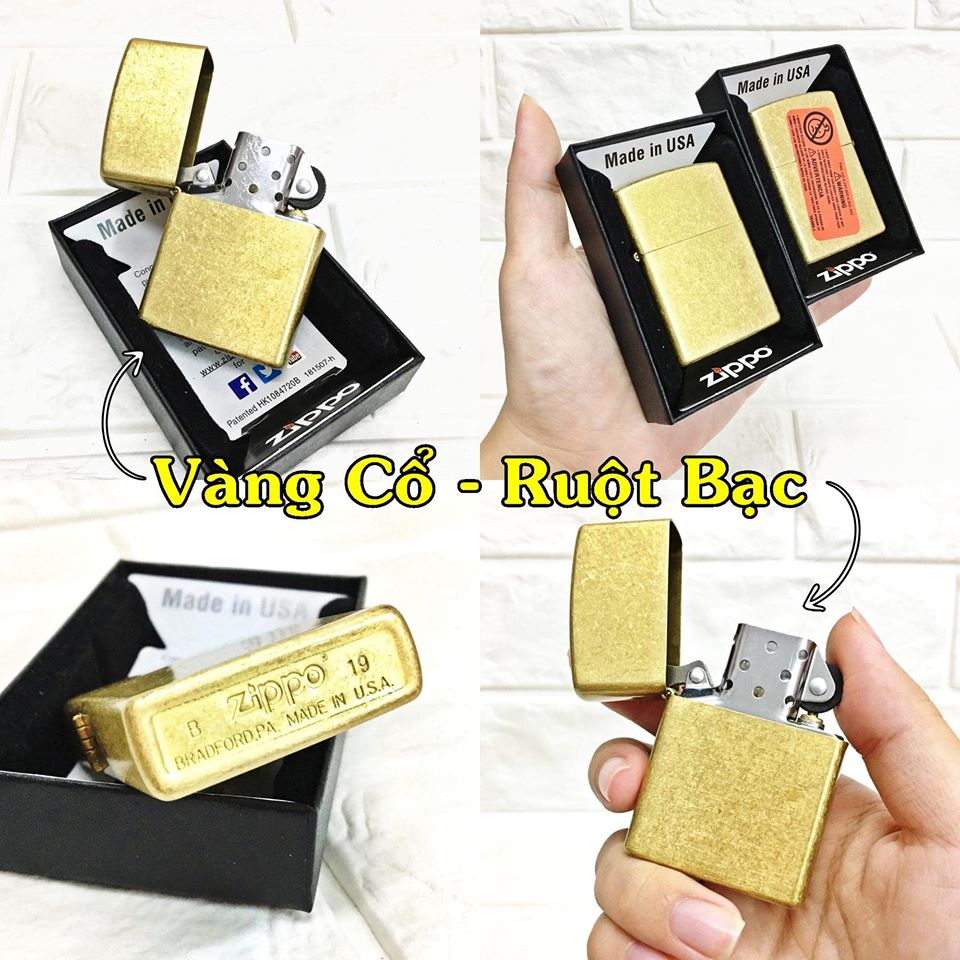 [ KHUYẾN MÃI ] Hột Quẹt , Bật Lửa Zippo Mỹ ( USA ) Màu Vàng Cổ Điển - Ruột Bạc ( Có Tem Đỏ )