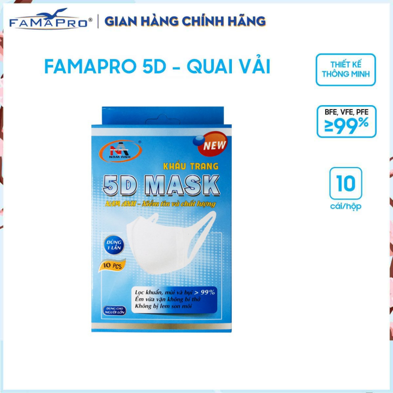 Combo 2 hộp khẩu trang y tế kháng khuẩn 3 lớp Famapro 5D Mask dây vải dạng hộp (10 cái / Hộp)