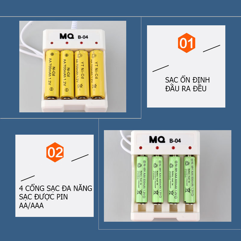 Bộ sạc pin AA/AAA (pin tiểu, pin đũa) 4 cổng, đầu cắm USB - Bmax - MQ B04