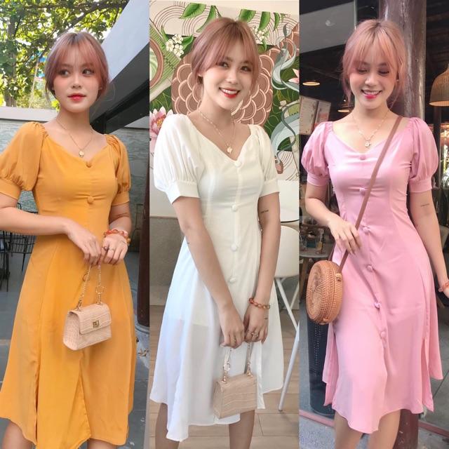 Đầm nút bọc xẻ tà 3 màu (kèm hình thật)