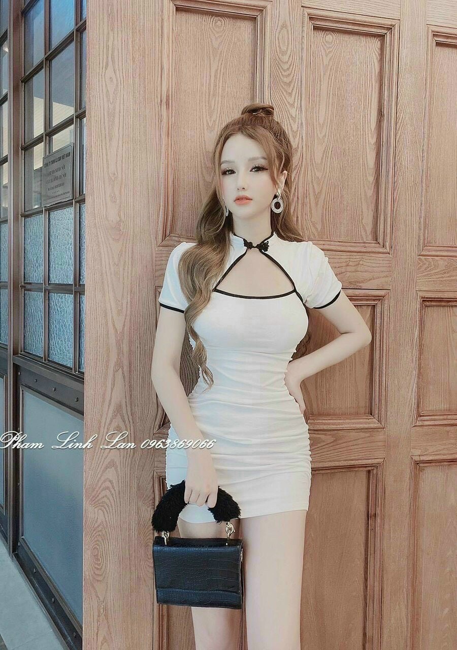 [Freeship]Đầm Body Cổ Tàu Hở Ngực nhún eo (Có Mút)