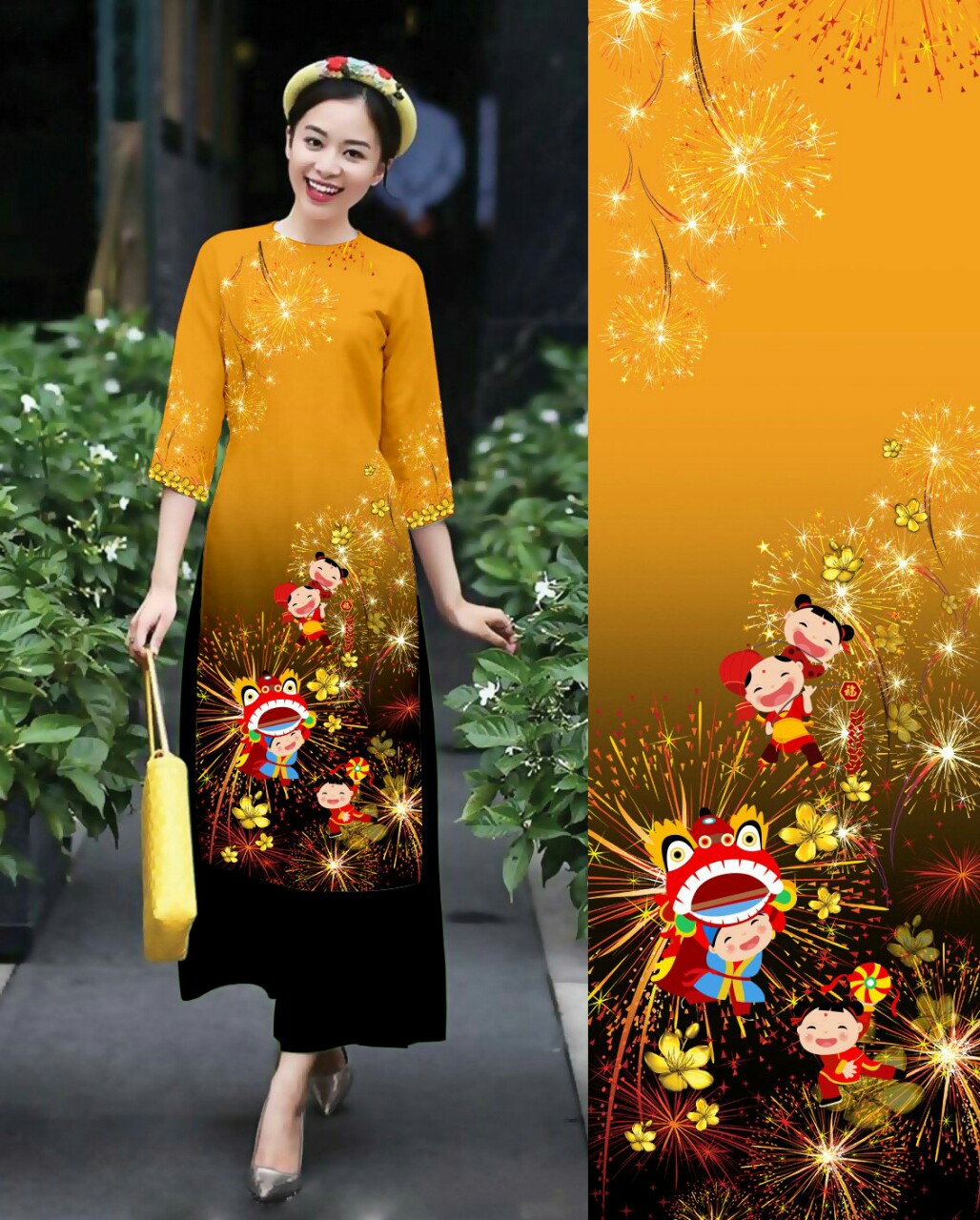 ÁO DÀI CÁCH TÂN IN KỲ LÂN TẾT CAO CẤP - KHÔNG KÈM QUẦN