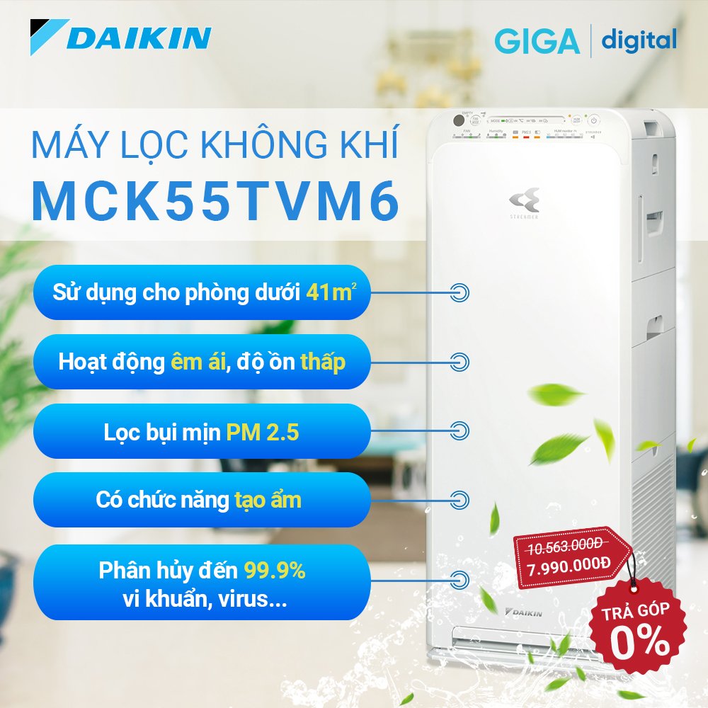 Máy lọc không khí tạo ẩm Daikin MCK55TVM6 cao cấp - 41m2 - Máy lọc không khí Daikin chính hãng