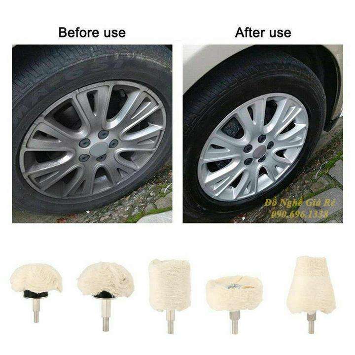 Bộ 5 đầu phớt lông cừu đánh bóng xe - Vải đánh bóng ô tô xe máy inox gắn cho máy khoan