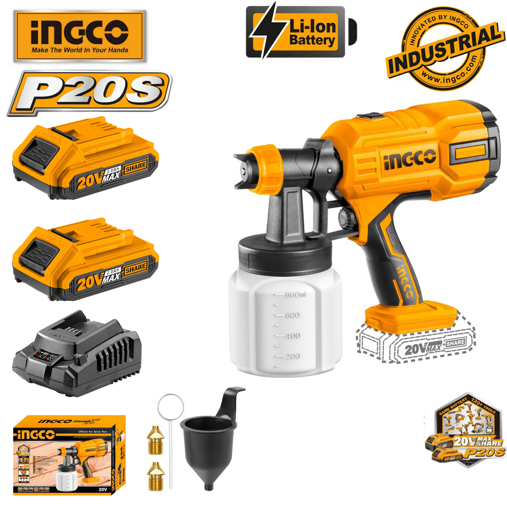 MÁY PHUN SƠN DÙNG PIN LITHIUM INGCO 20V ( KÈM 2 PIN & 1 SẠC ) CSGLI2003 ( kèm 2 đầu bét phun )