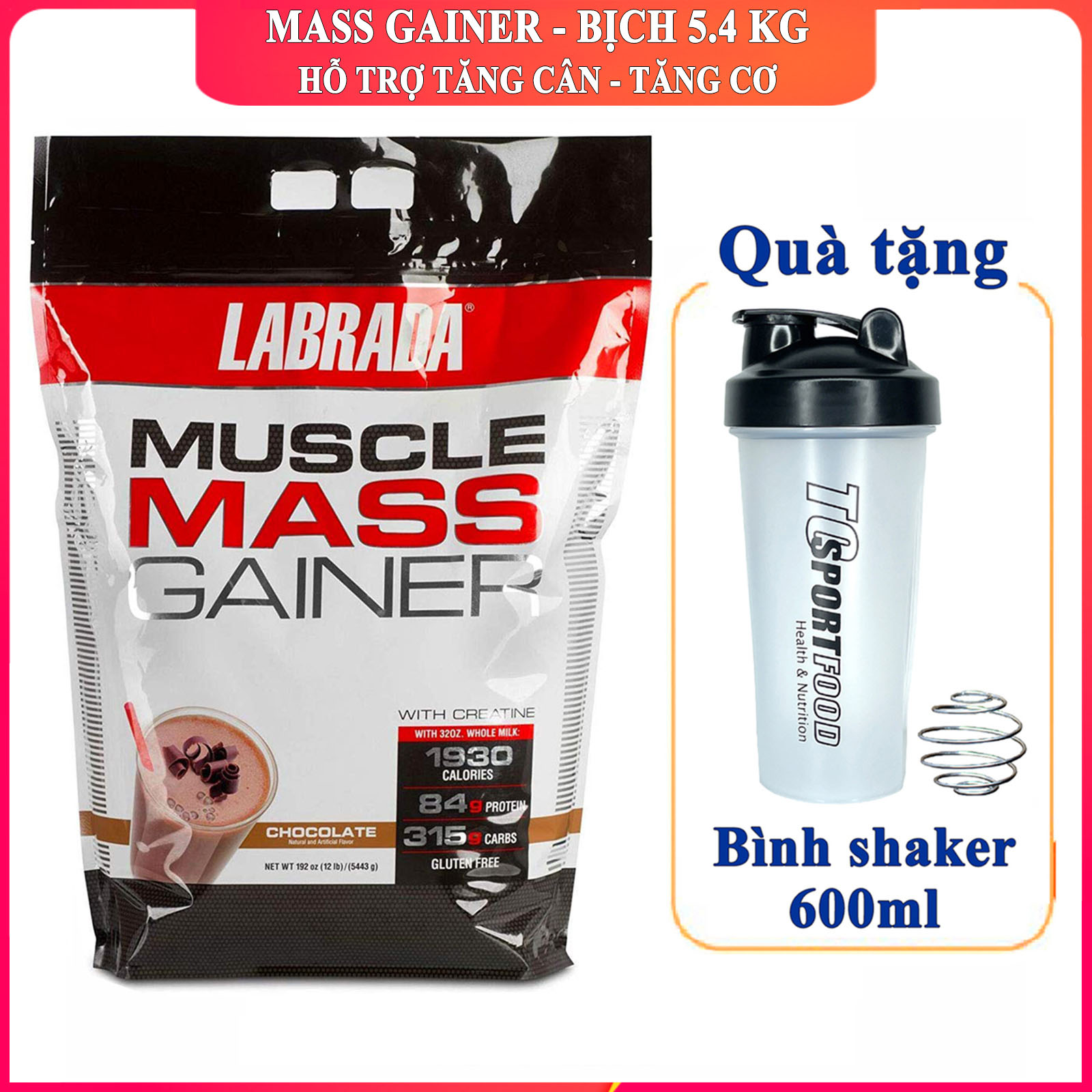 FREE SHAKER Sữa tăng cân tăng cơ Muscle Mass Gainer của Labrada hương