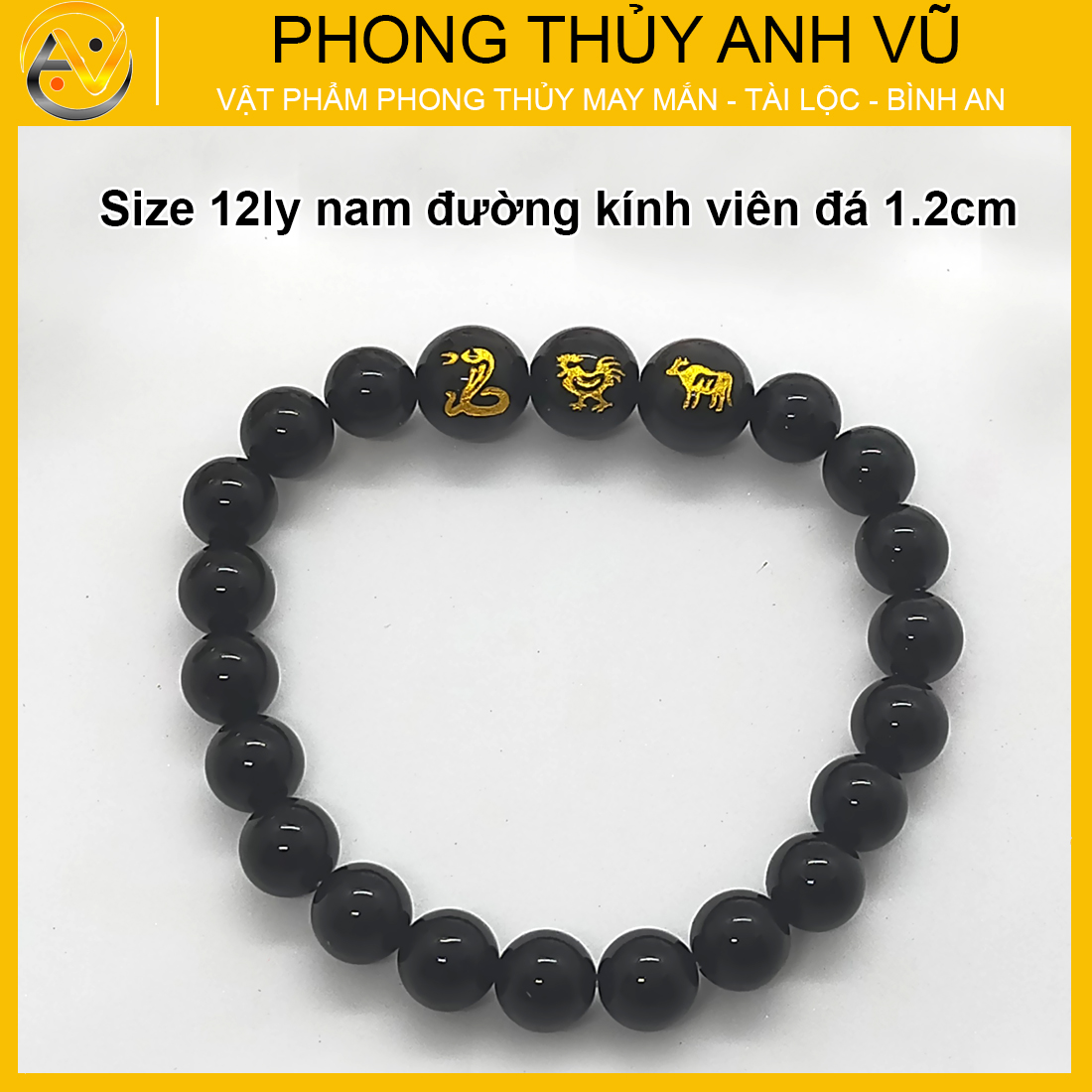Vòng tay tam hợp quý nhân tỵ dậu sửu đá mã não đen cho người mệnh mộc - May mắn tài lộc - Bảo hành 12 tháng