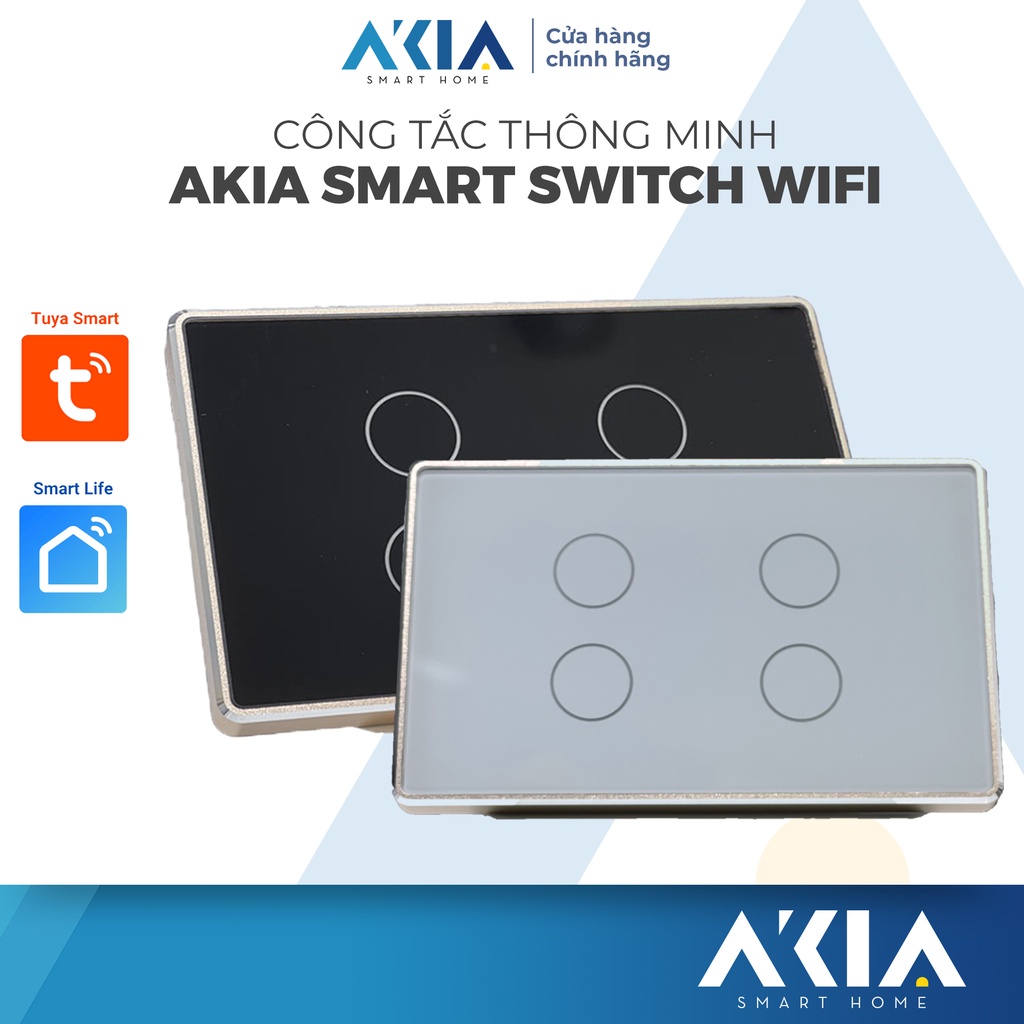 Công tắc thông minh AKIA Wifi viền nhôm mặt kính 2 màu Trắng Đen