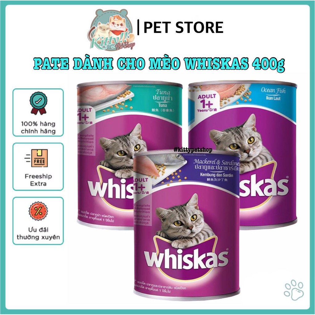 Thức ăn pate Whiskas vị cá thu, cá biển, cá ngừ dành cho mèo lớn trưởng thành, lon 400g