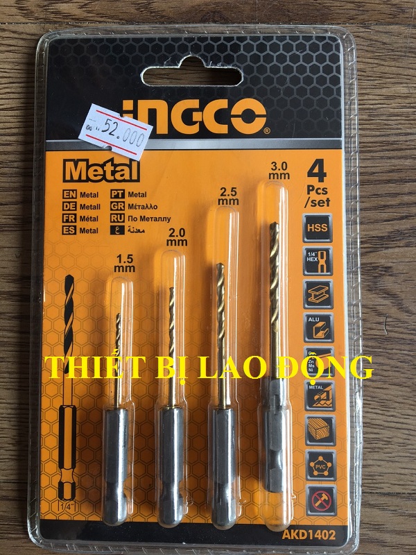 1.5-3mm bộ 4 mũi khoan kim loại hss ingco akd1402