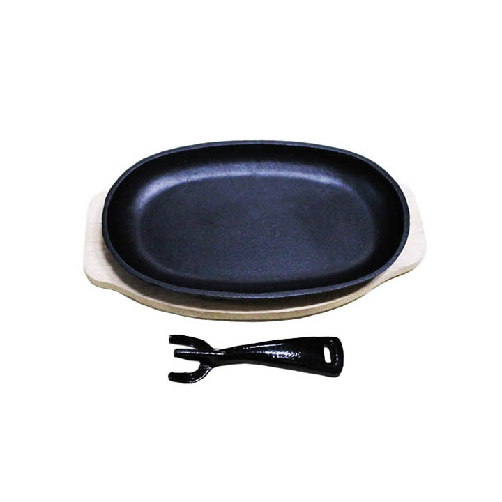 Chảo Gang Chống Dính Làm bít Tết Oval Đa Năng kèm đế gỗ và tay gắp bằng gang chống nóng