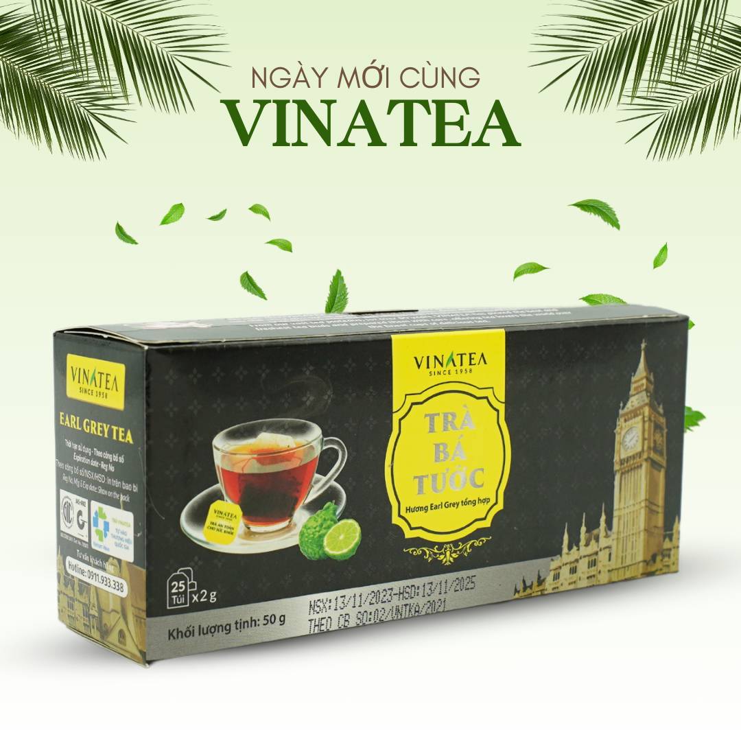 Trà Bá Tước khối lượng 50g, trà túi lọc đậm vị thơm đặc trưng hộp 25 túi, hồng trà đen Vinatea