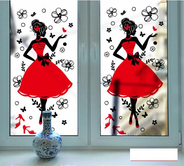 Decal dán kính cao cấp - cô gái đầm đỏ -dk1001b