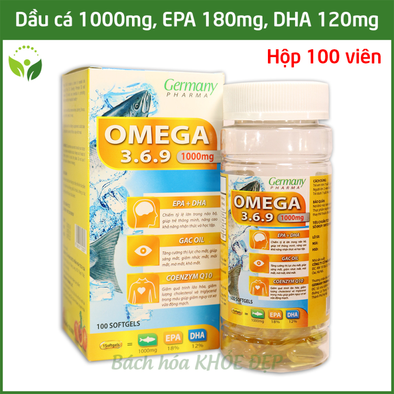 Viên dầu cá Omega 3 6 9 Germany Pharma Bổ não, sáng mắt, khỏe mạnh tim mạch, tăng cường trí nhớ cho người từ 7 tuổi - Hộp 100 viên thành phần dầu cá 1000mg, EPA 180mg, DHA 120mg cao cấp