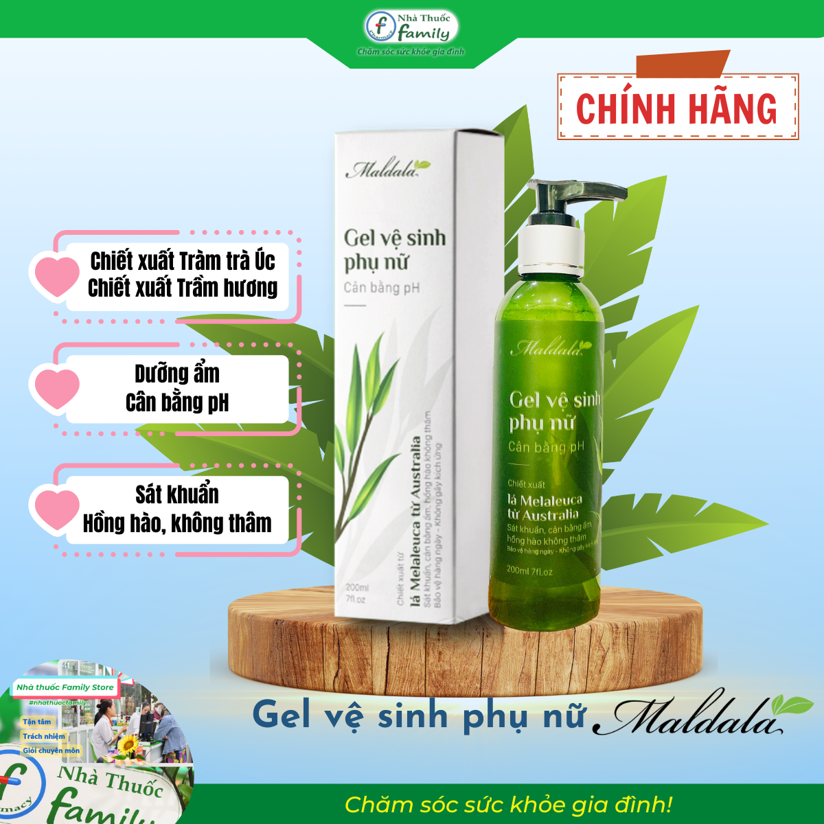 Maldala Gel vệ sinh phụ nữ (Chiết xuất Tràm trà & Trầm hương - kháng khuẩn, dưỡng ẩm, cân bằng pH)